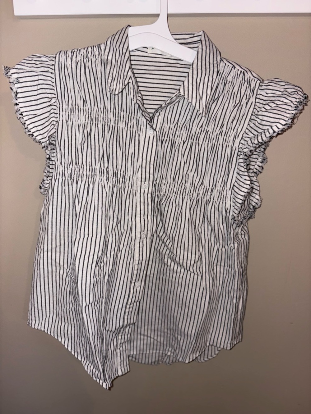 Black & White Striped Ruffle-Sleeve Collared Blouse